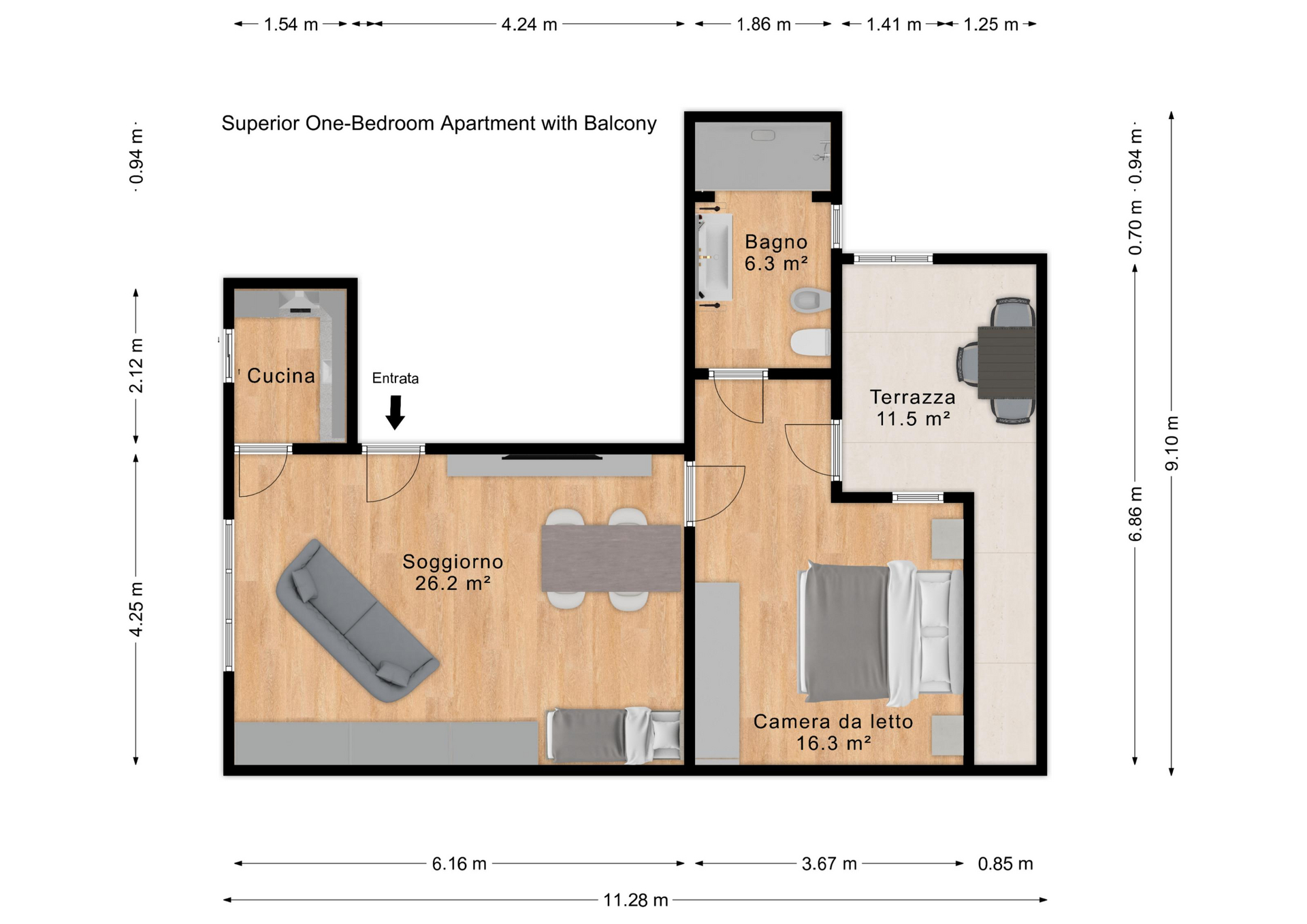 Plan Appartement Deux-Pièces avec Terrasse — Palau Sardaigne