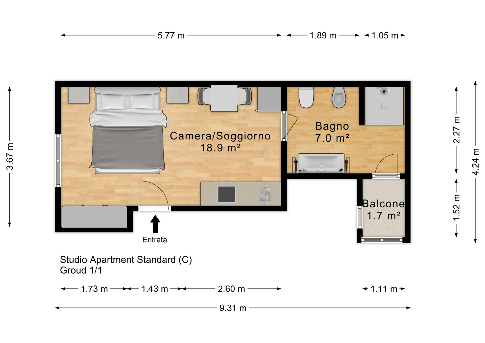 Plan Chambre / Studio avec Salle de Bain Privée — Palau Sardaigne