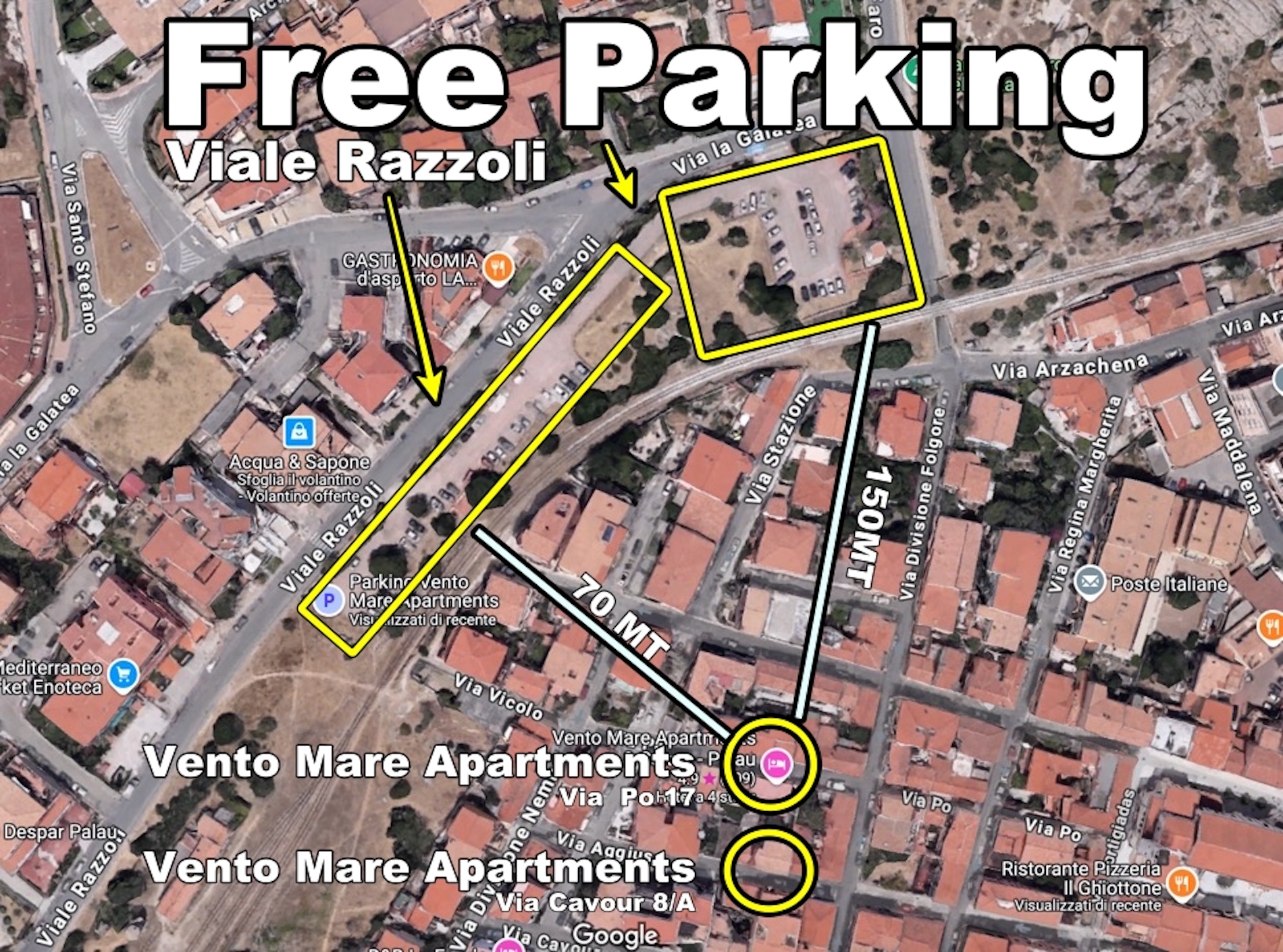 Carte des parkings publics gratuits à 20, 70 et 150 mètres de Vento Mare Apartments sur Viale Razzoli, Palau