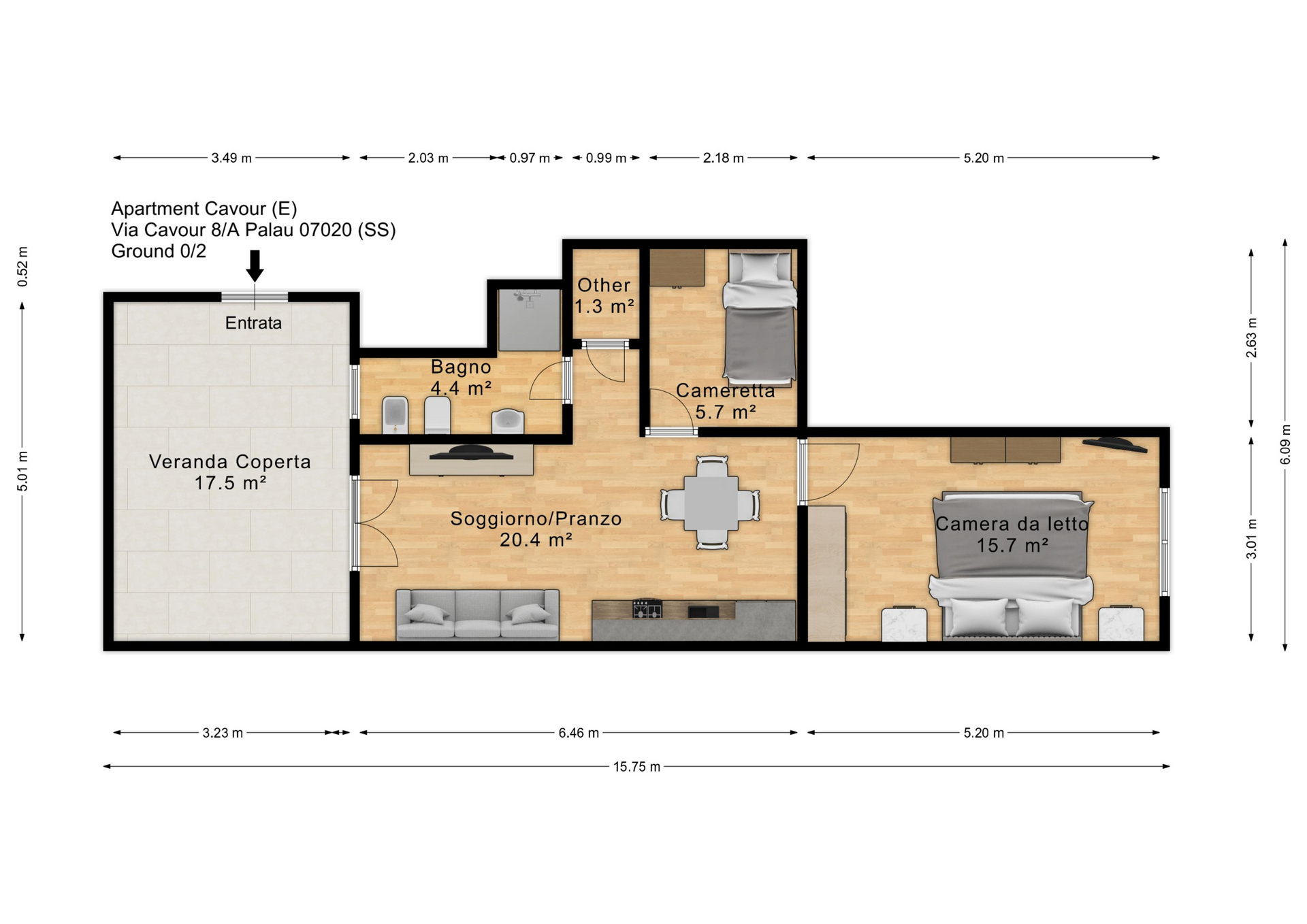 Plan Appartement Cavour avec Véranda Privée — Palau Sardaigne
